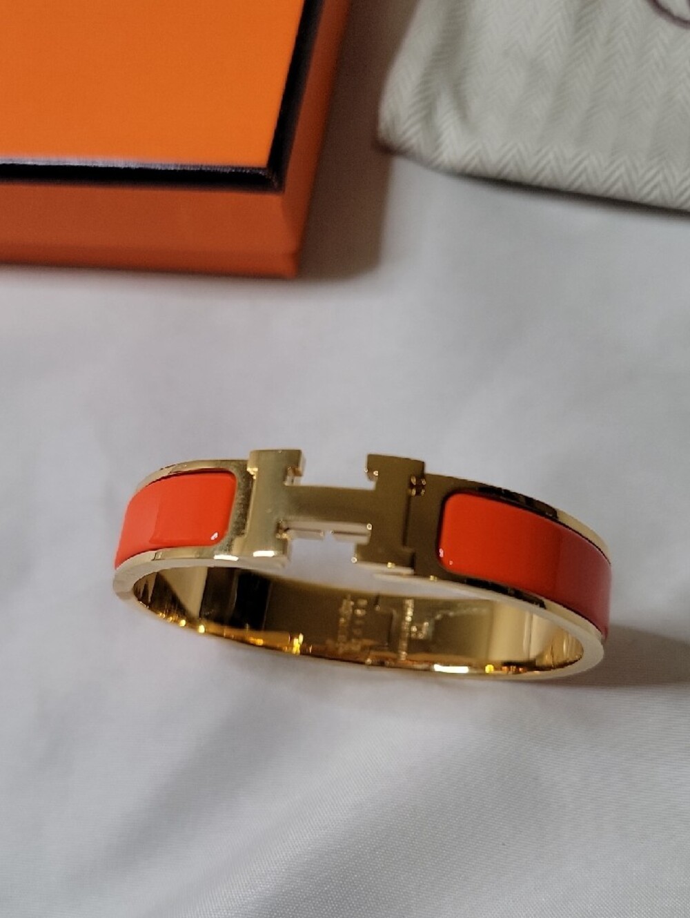 Hermes Orange Enamel H Clic Clac Gold Bracelet - Picture 2 of 4